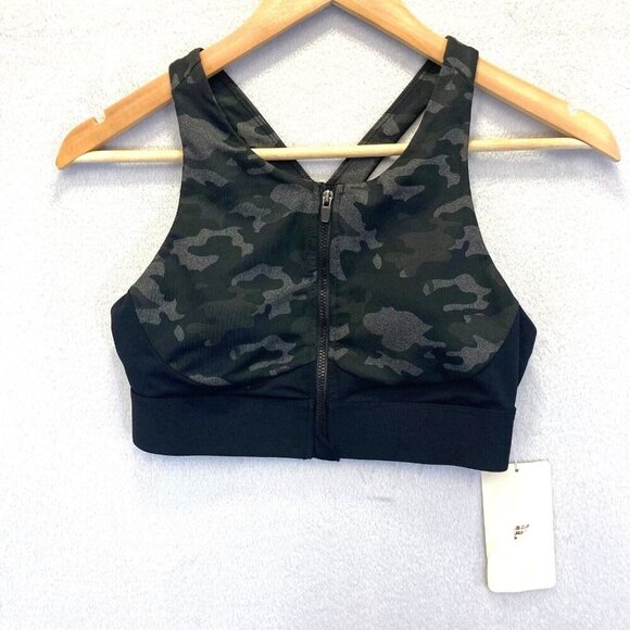 NWT Fabletics Ella High Support Zip Front Sports Bra Small S Black Gray Camo - Picture 1 of 10